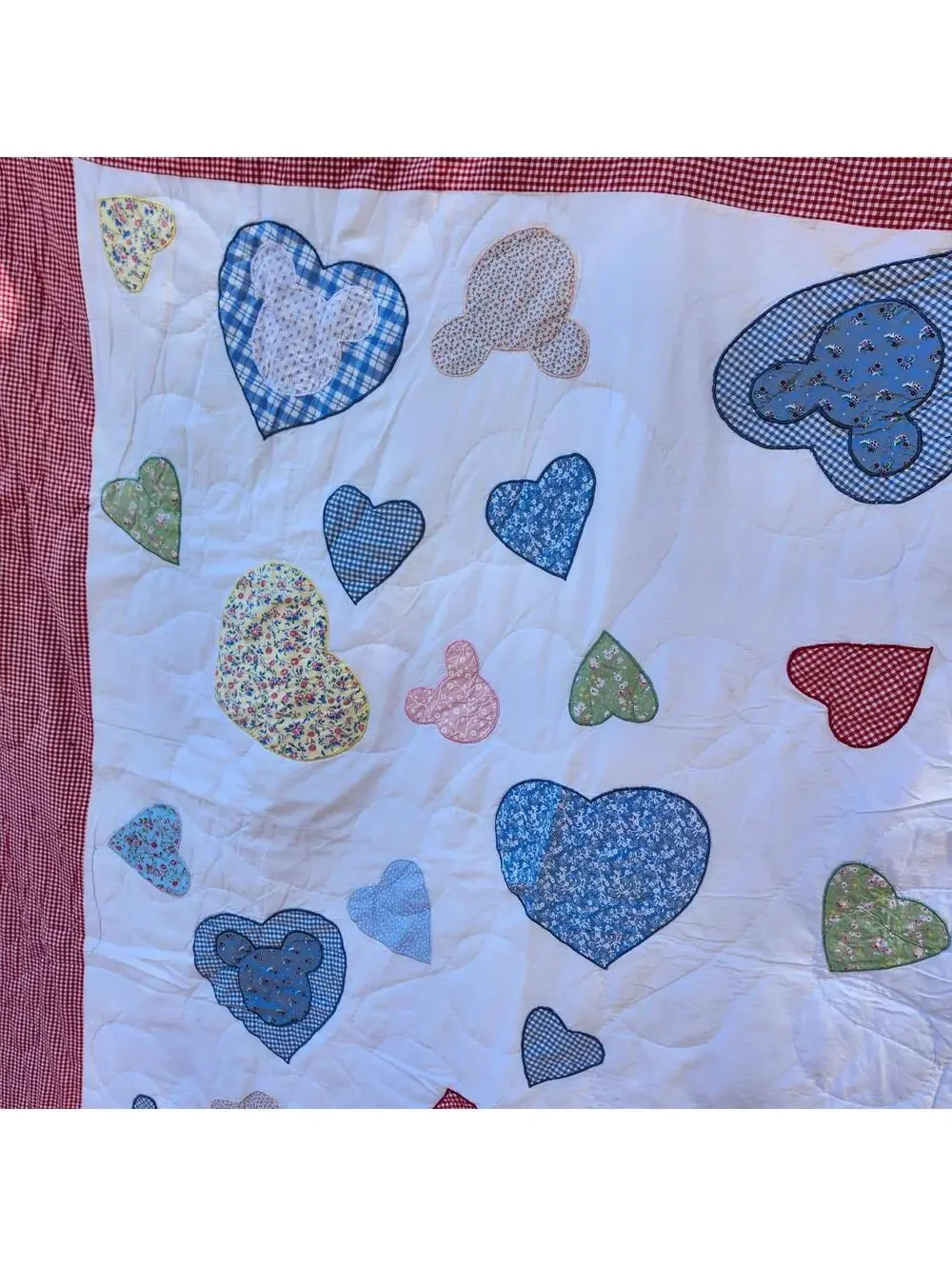 Disney Heart Patchwork Quilt Red White Gingham Mouse Ears Hearts Queen